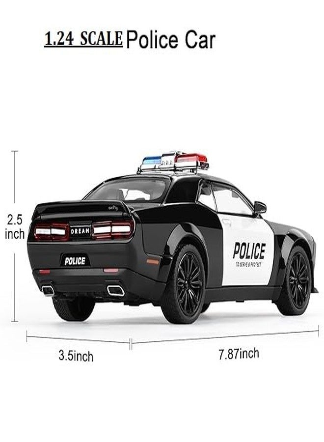 KING FORU Scale Exclusive Alloy Metal Pull Back Die-cast Car Model with Sound Light Mini Auto Toy for Kids Metal Model Toy Car with Sound and Light (1.24 Scale Dodge Challenger Police-Black) - Image 4